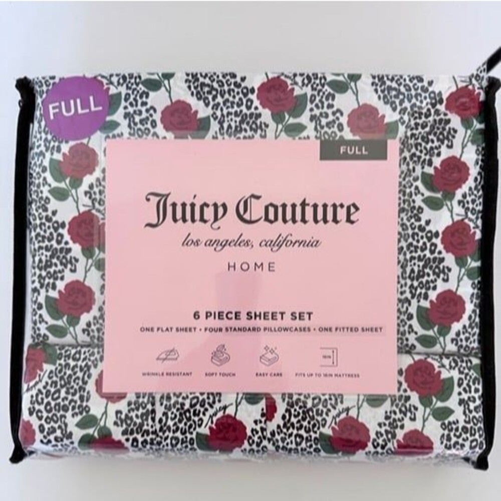 Juicy Couture Full 6 Piece Sheet Set Roses Leopard